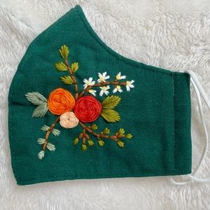 Pure Linen face mask - hand embroidered- Dark Green